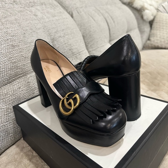 Gucci Black Platform Heels with Gold Accents - Picture 2 of 6